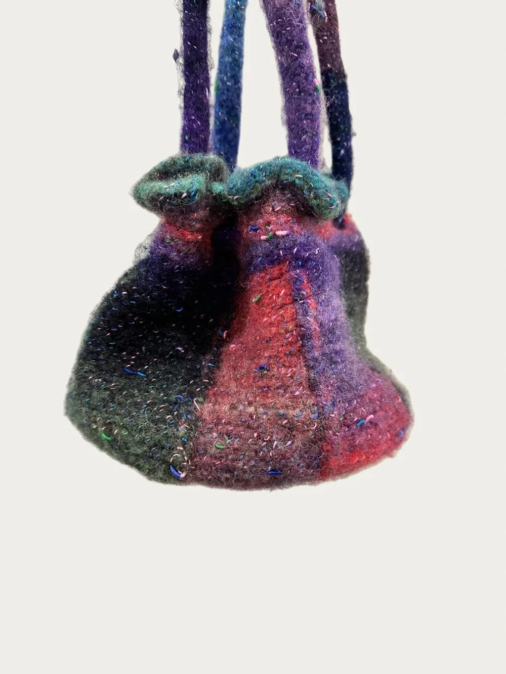 Multicolor Felted Wool Handwoven Bucket Bag with Ruffle Trim